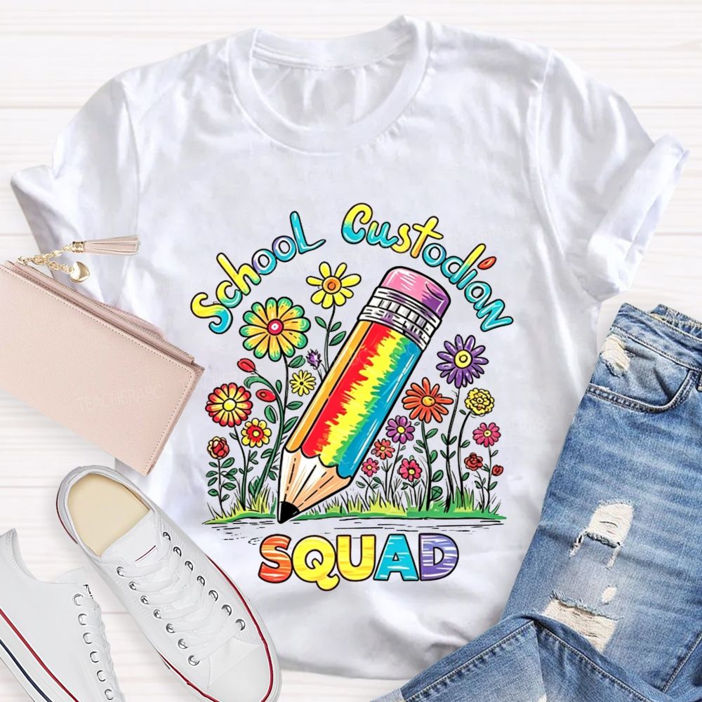School Custodian Squad Rainbow Pencil Wildflowers T-shirt
