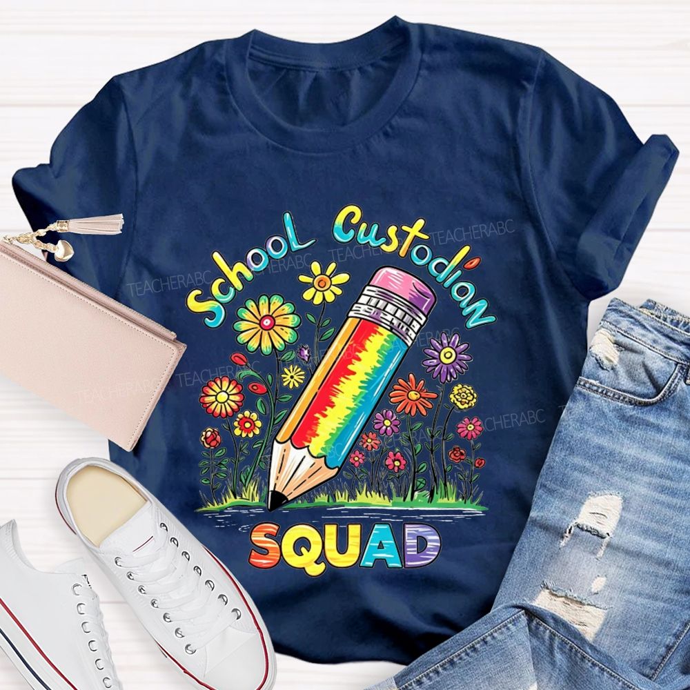 School Custodian Squad Rainbow Pencil Wildflowers T-shirt