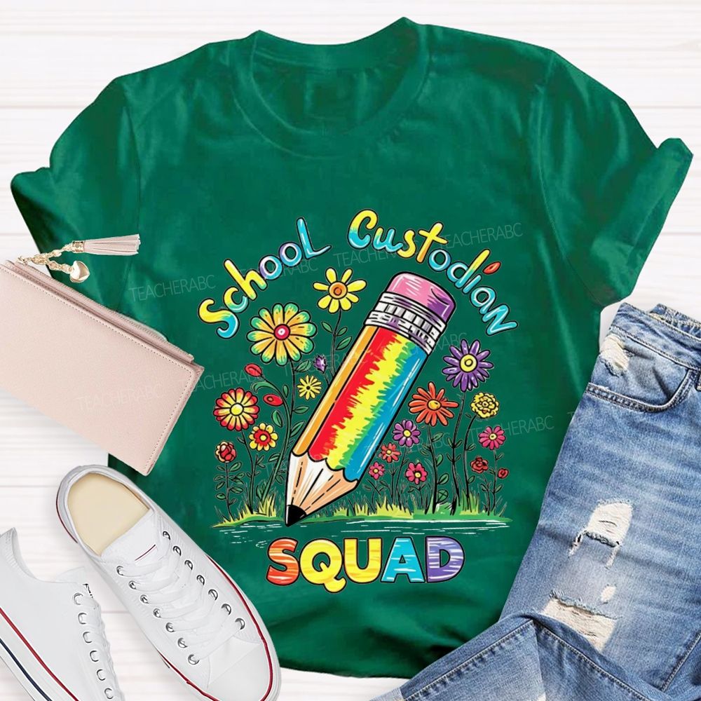 School Custodian Squad Rainbow Pencil Wildflowers T-shirt