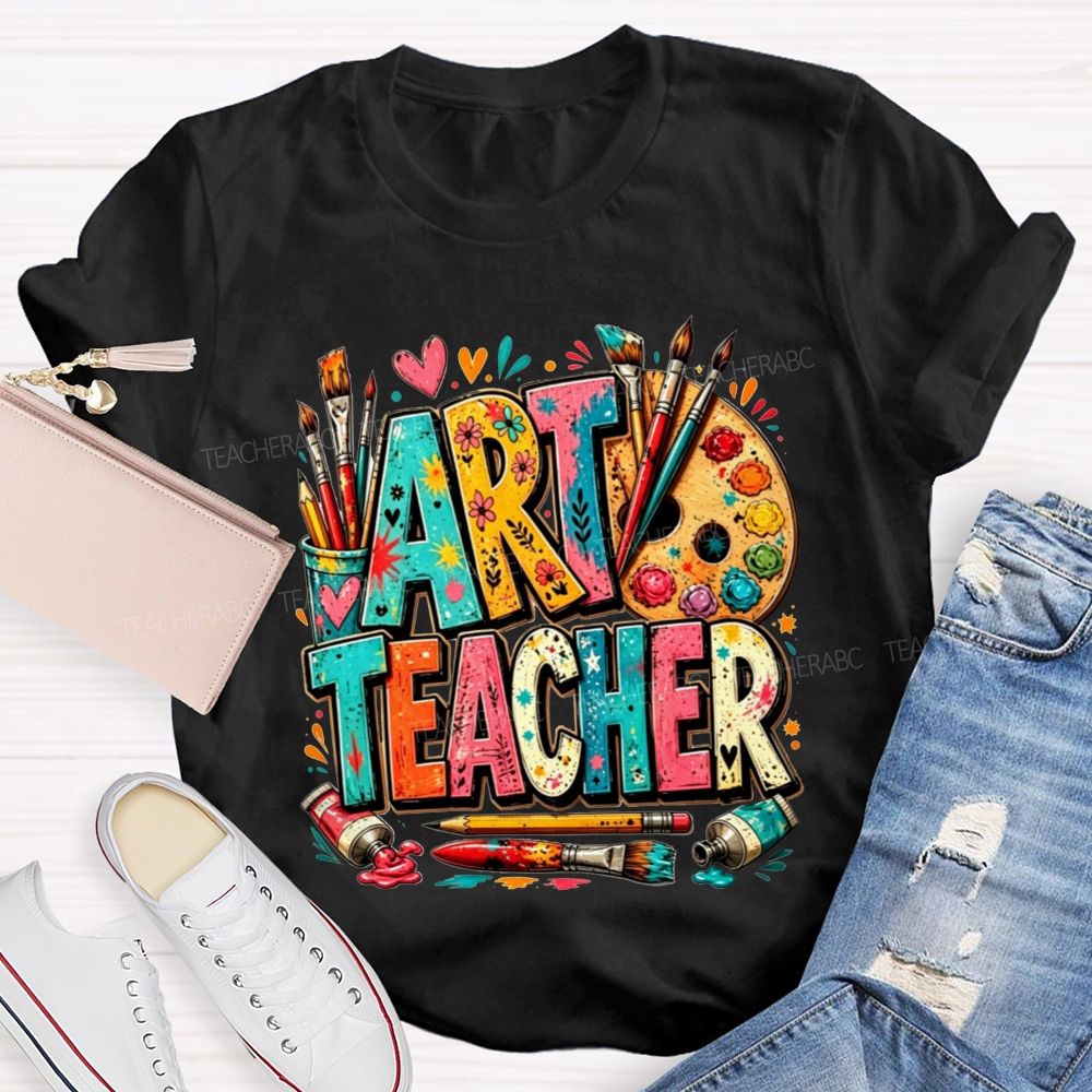 Art Teacher Colorful Doodle Paint Palette Paint Brushes Teacher T-shirt