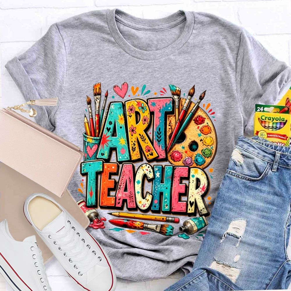 Art Teacher Colorful Doodle Paint Palette Paint Brushes Teacher T-shirt