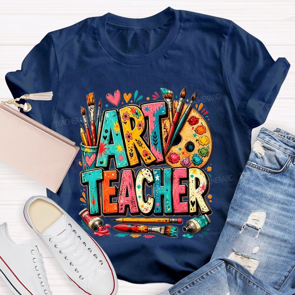 Art Teacher Colorful Doodle Paint Palette Paint Brushes Teacher T-shirt