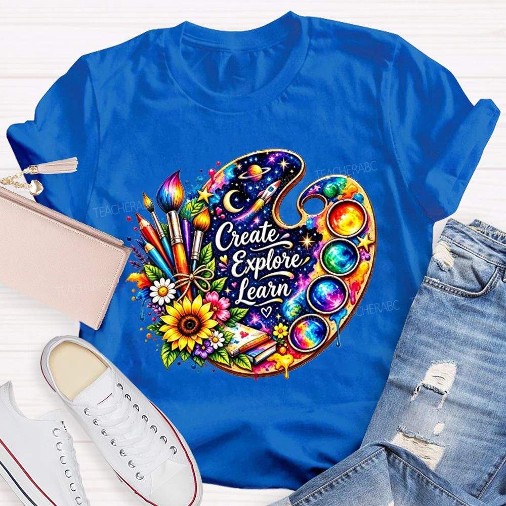 Create Explore Learn Galaxy Paint Palette Sunflower Art Teacher T-shirt