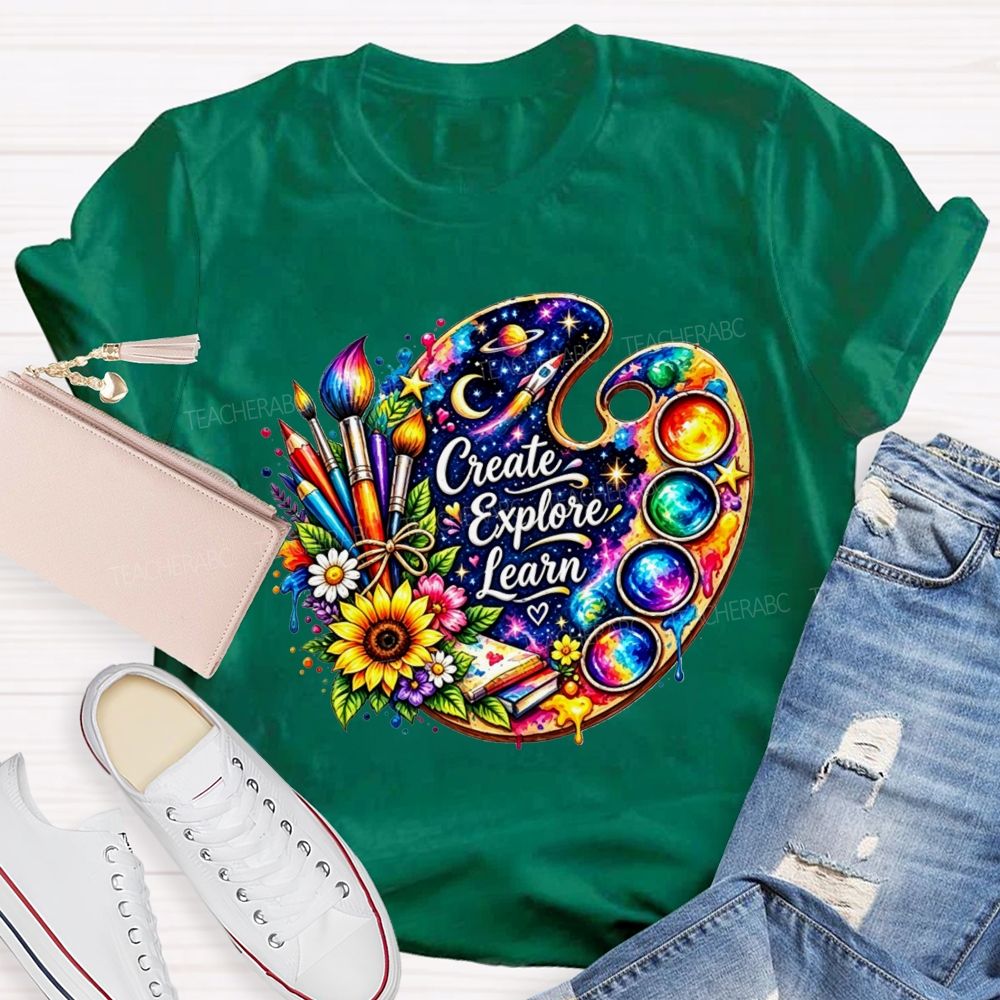 Create Explore Learn Galaxy Paint Palette Sunflower Art Teacher T-shirt