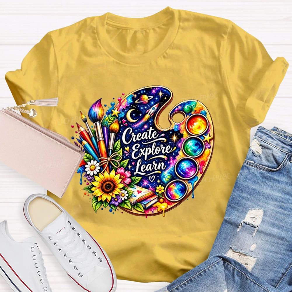 Create Explore Learn Galaxy Paint Palette Sunflower Art Teacher T-shirt