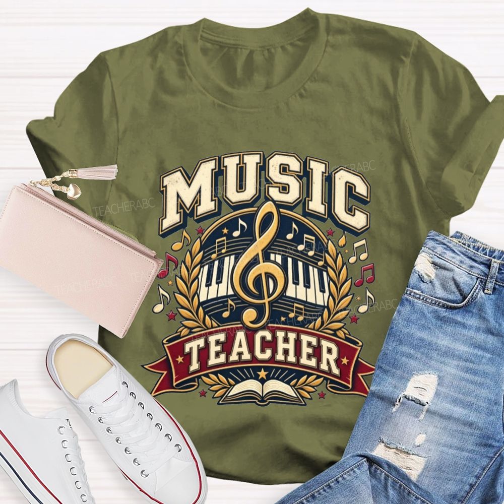 Music Teacher Treble Clef Piano Keys Laurel Wreath Teacher T-shirt