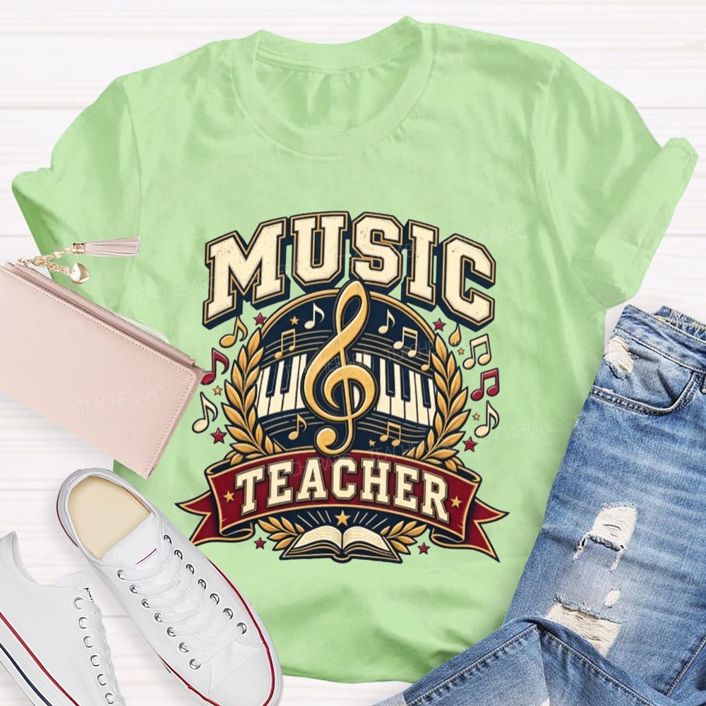 Music Teacher Treble Clef Piano Keys Laurel Wreath Teacher T-shirt