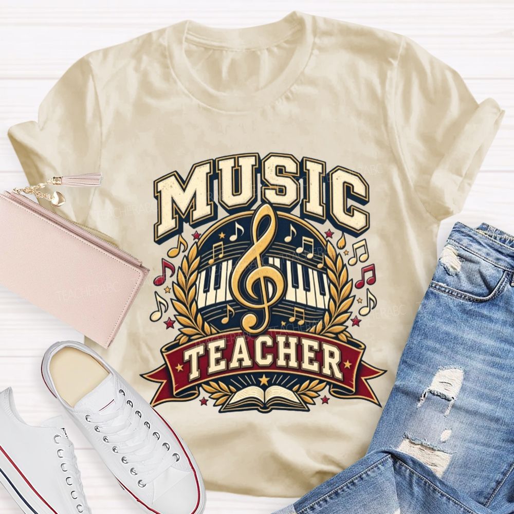 Music Teacher Treble Clef Piano Keys Laurel Wreath Teacher T-shirt