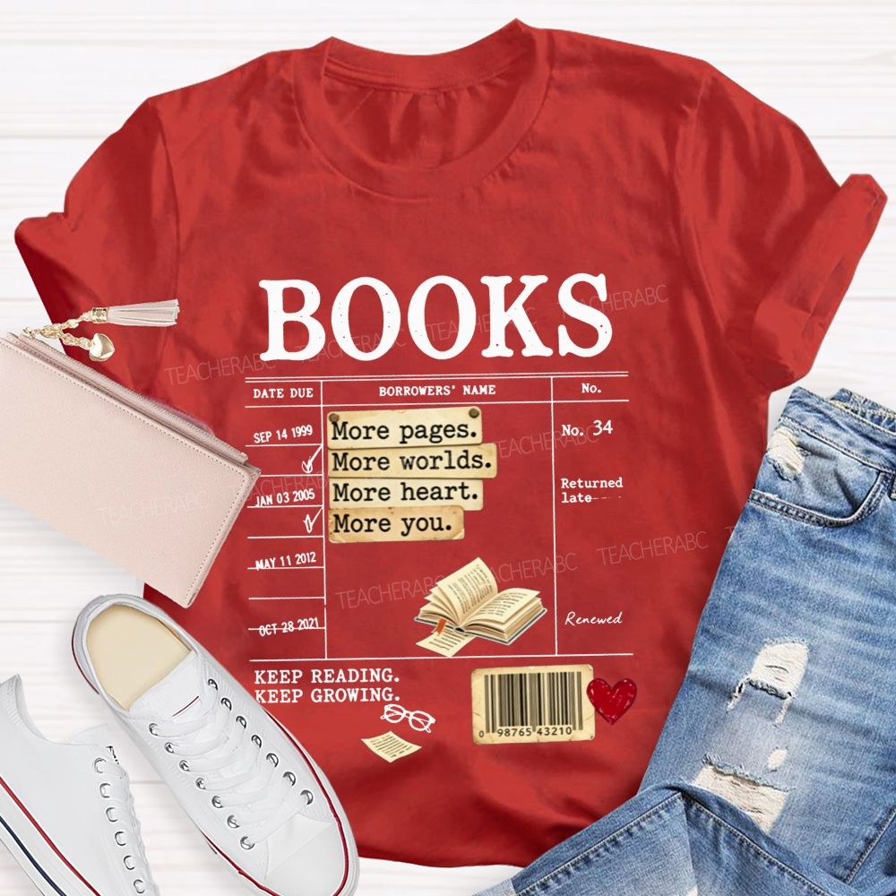 Library Book Card More Pages More Worlds Librarian Reading Teacher T-shirt