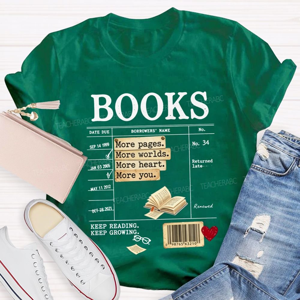 Library Book Card More Pages More Worlds Librarian Reading Teacher T-shirt