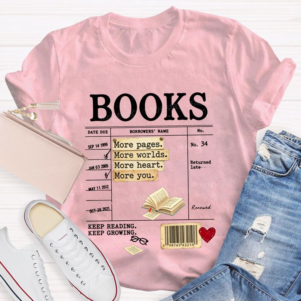 Library Book Card More Pages More Worlds Librarian Reading Teacher T-shirt