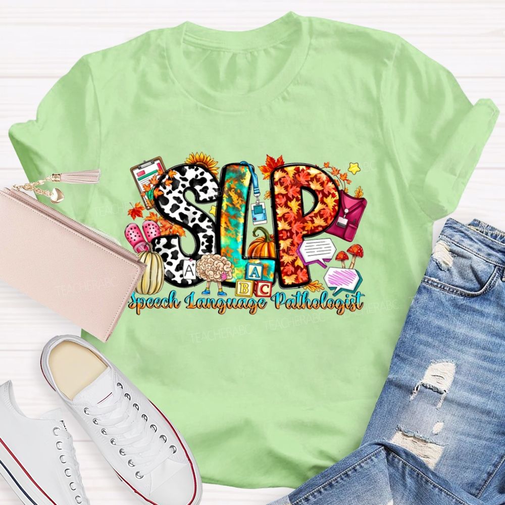 Fall SLP Speech Language Pathologist Pumpkin Maple Leaf Cow Teacher T-shirt