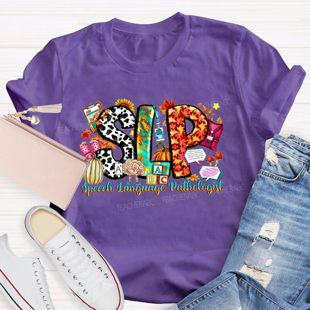 Fall SLP Speech Language Pathologist Pumpkin Maple Leaf Cow Teacher T-shirt