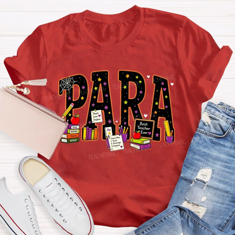 Halloween Para Paraprofessional School Supplies Apple Books Teacher T-shirt