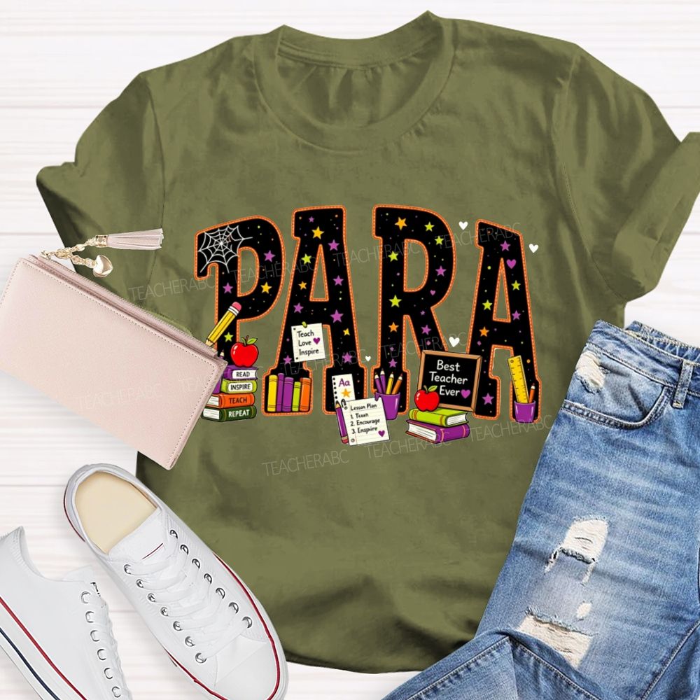 Halloween Para Paraprofessional School Supplies Apple Books Teacher T-shirt