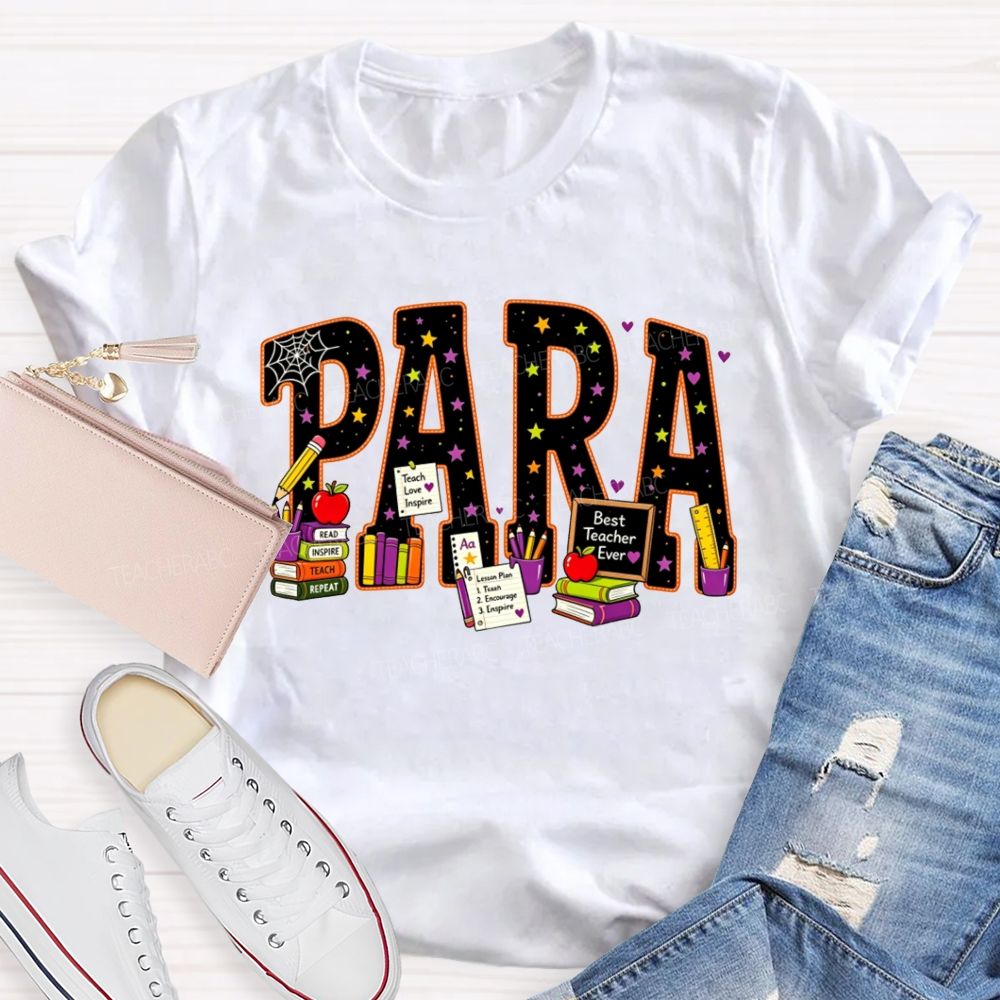 Halloween Para Paraprofessional School Supplies Apple Books Teacher T-shirt