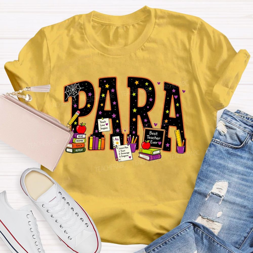 Halloween Para Paraprofessional School Supplies Apple Books Teacher T-shirt