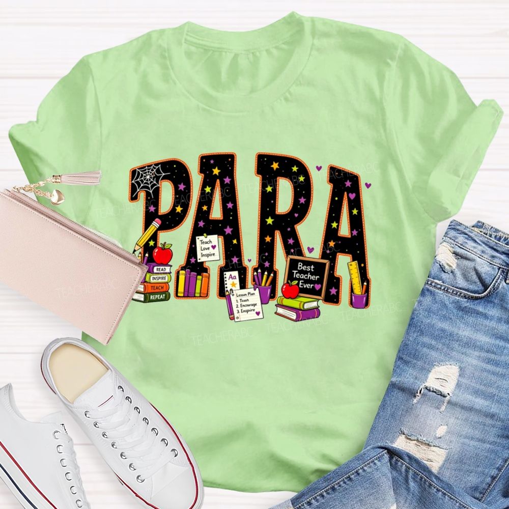 Halloween Para Paraprofessional School Supplies Apple Books Teacher T-shirt