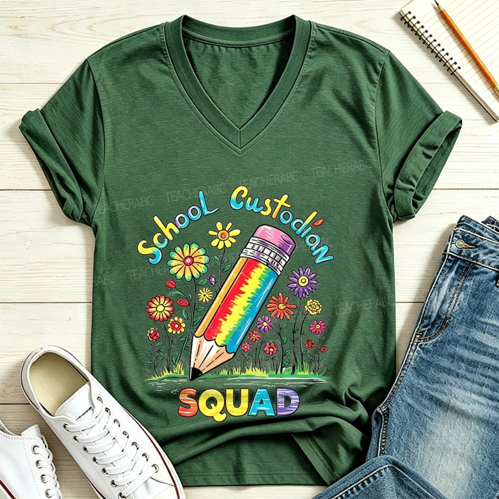 School Custodian Squad Rainbow Pencil Wildflowers V Neck T-shirt