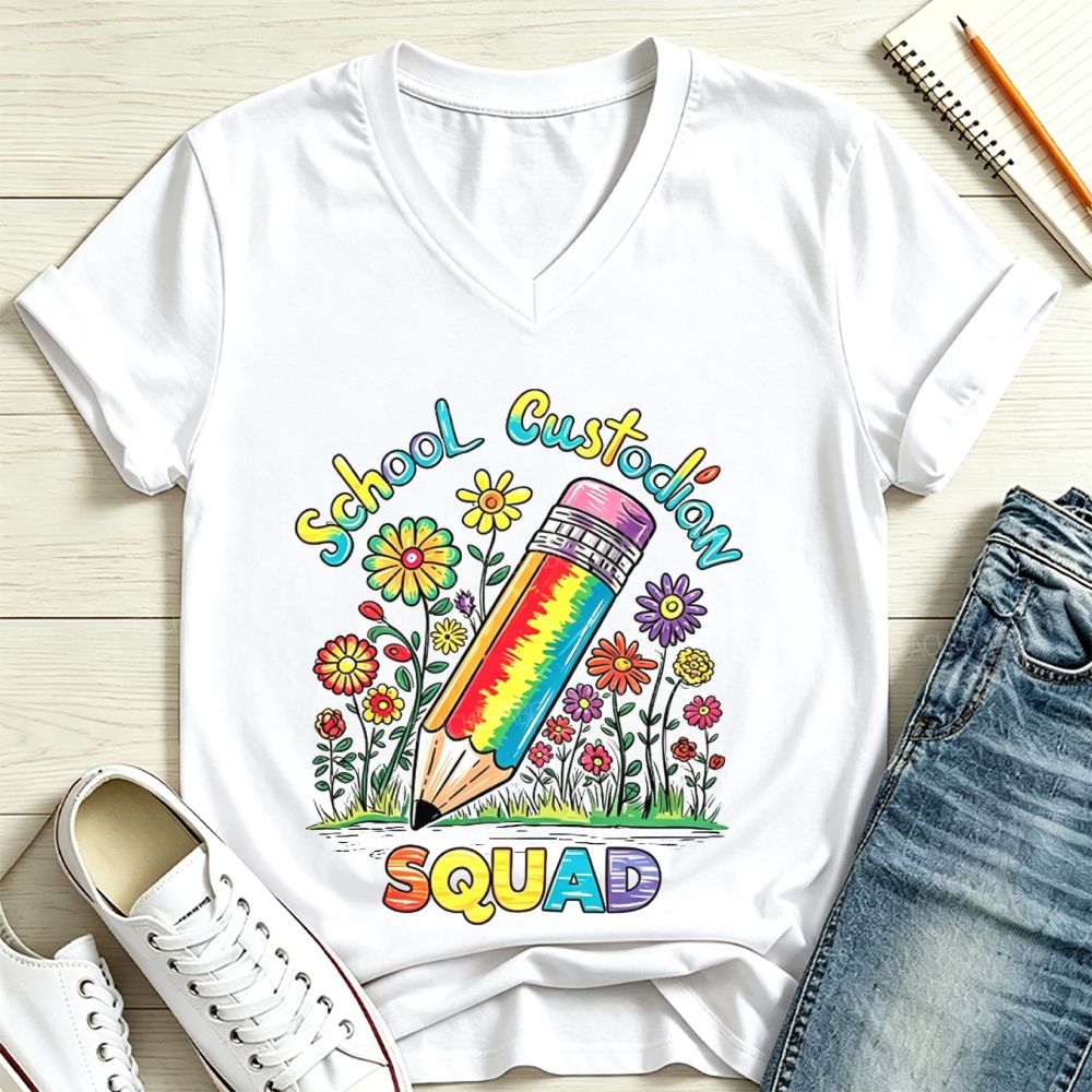 School Custodian Squad Rainbow Pencil Wildflowers V Neck T-shirt