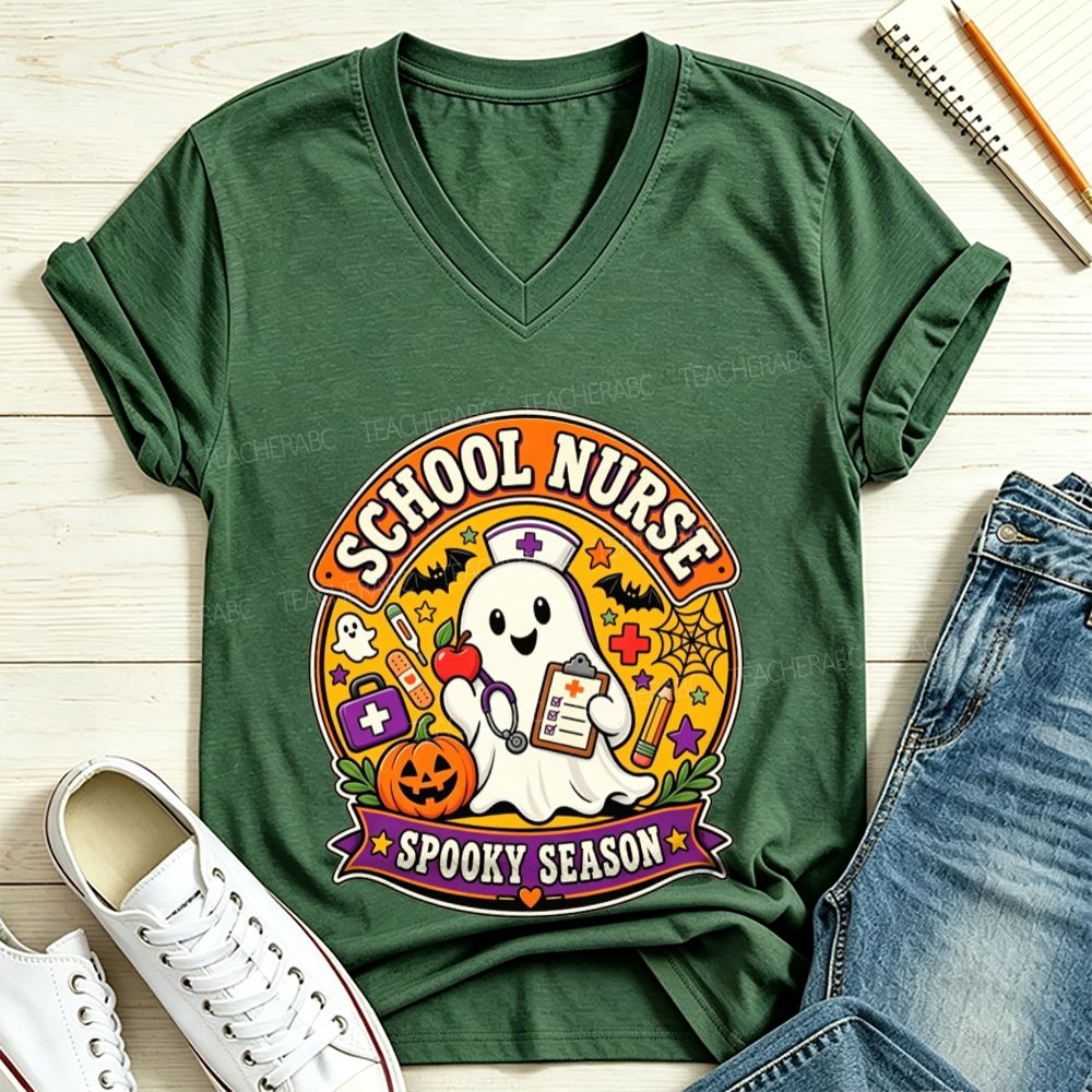 School Nurse Spooky Season Ghost Halloween V Neck T-shirt