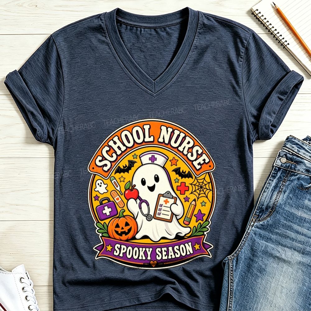 School Nurse Spooky Season Ghost Halloween V Neck T-shirt