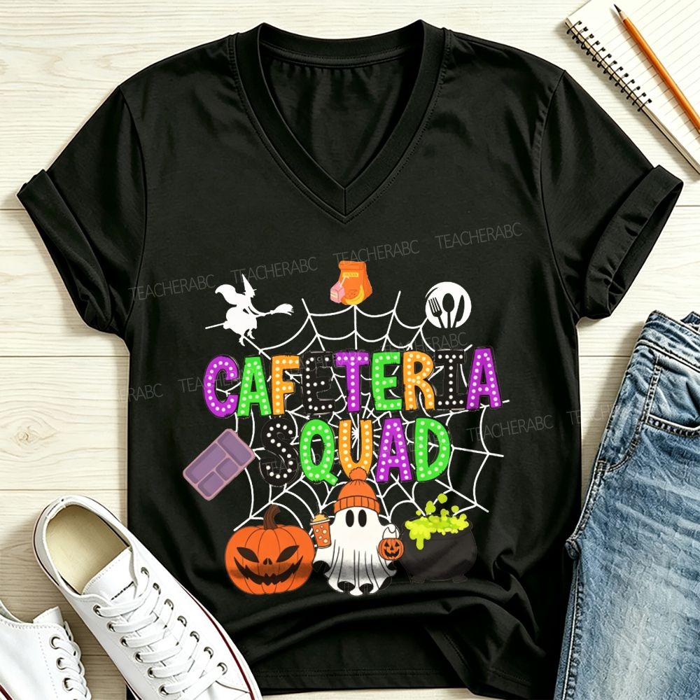 Cafeteria Squad Halloween Ghost Pumpkin Witch Web V Neck T-shirt