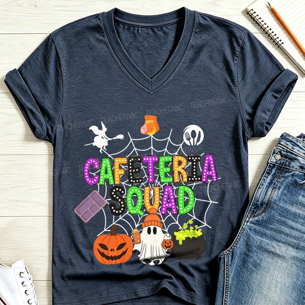 Cafeteria Squad Halloween Ghost Pumpkin Witch Web V Neck T-shirt