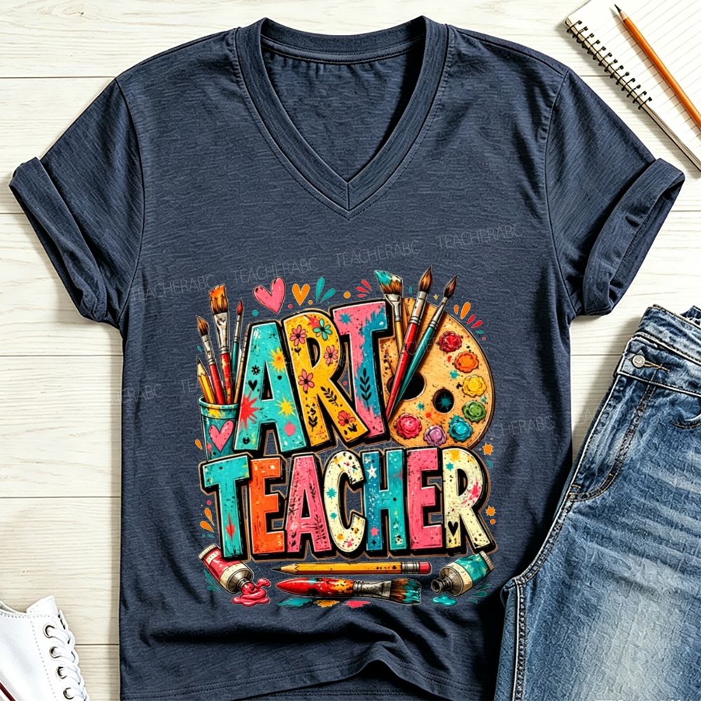 Art Teacher Colorful Doodle Paint Palette Paint Brushes V Neck T-shirt