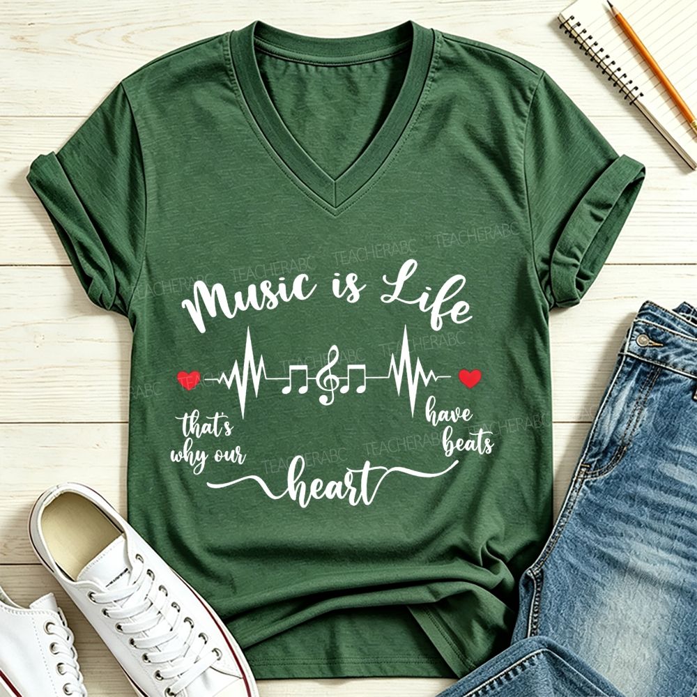 Music Is Life That's Why Our Heart Have Beats Music Note Heartbeat V Neck T-shirt