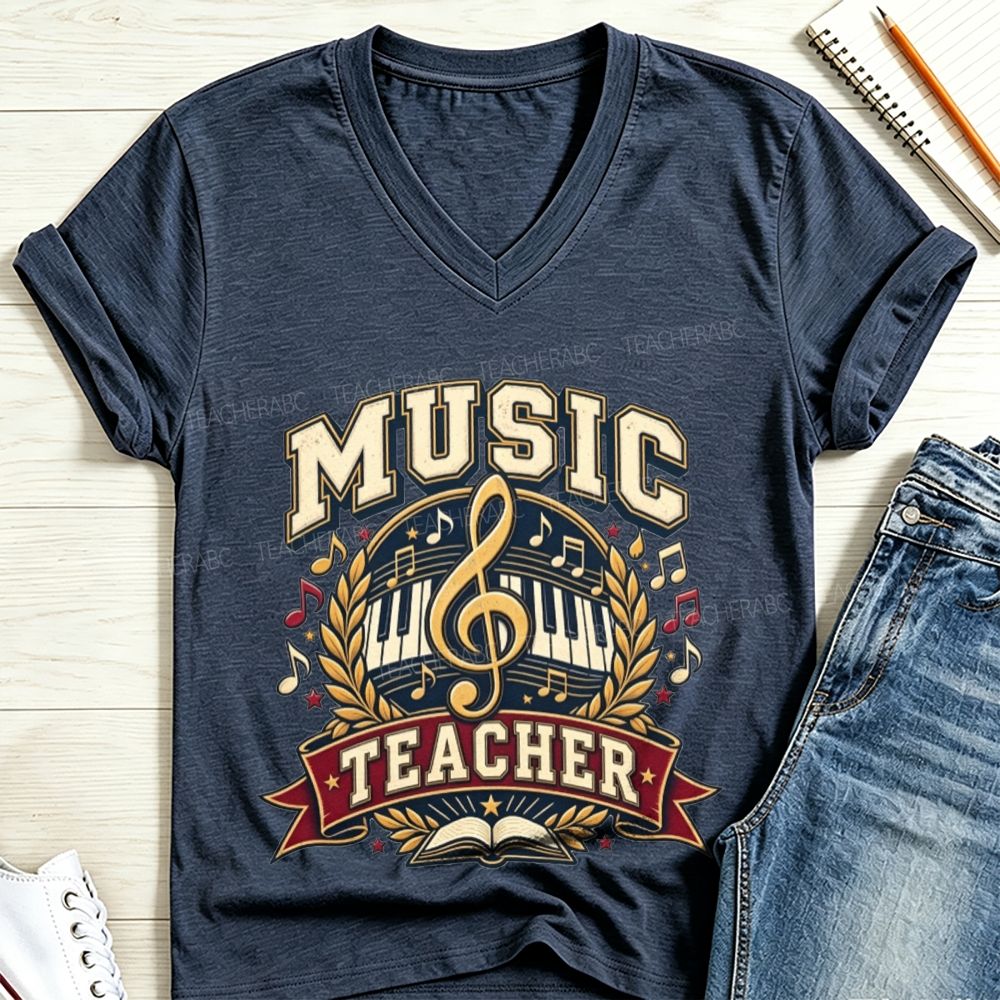 Music Teacher Treble Clef Piano Keys Laurel Wreath V Neck T-shirt