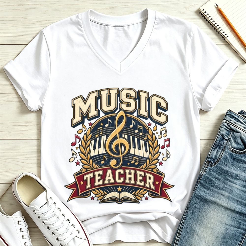 Music Teacher Treble Clef Piano Keys Laurel Wreath V Neck T-shirt