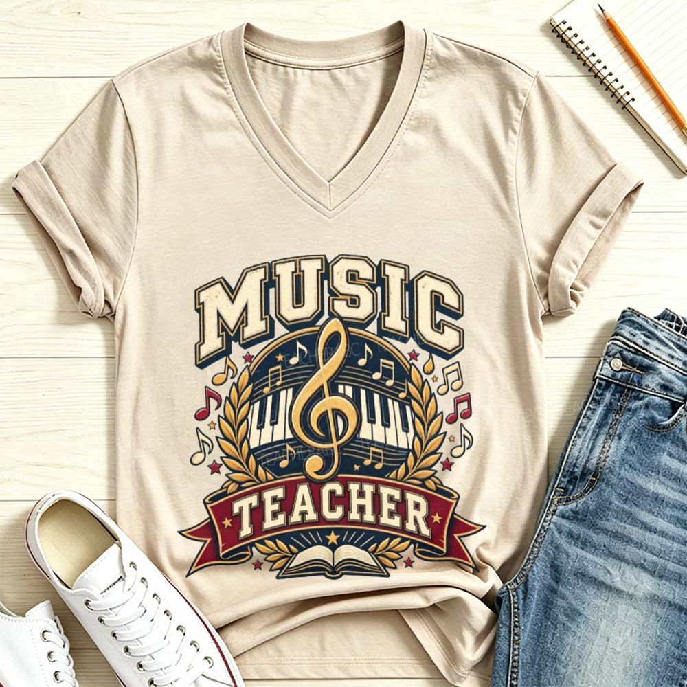 Music Teacher Treble Clef Piano Keys Laurel Wreath V Neck T-shirt