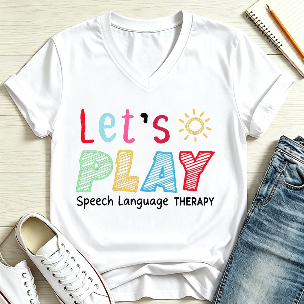 Let's Play Speech Language Therapy Colorful Sun SLP V Neck T-shirt