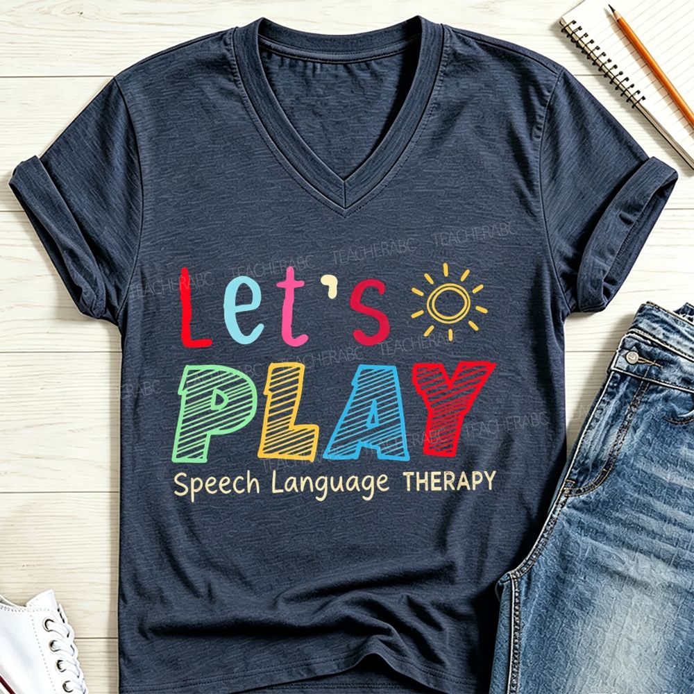 Let's Play Speech Language Therapy Colorful Sun SLP V Neck T-shirt