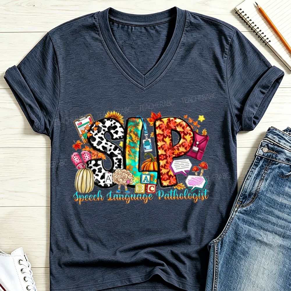 Fall SLP Speech Language Pathologist Pumpkin Maple Leaf Cow V Neck T-shirt