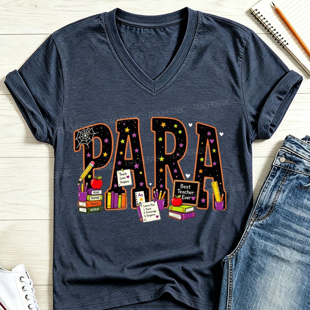 Halloween Para Paraprofessional School Supplies Apple Books V Neck T-shirt