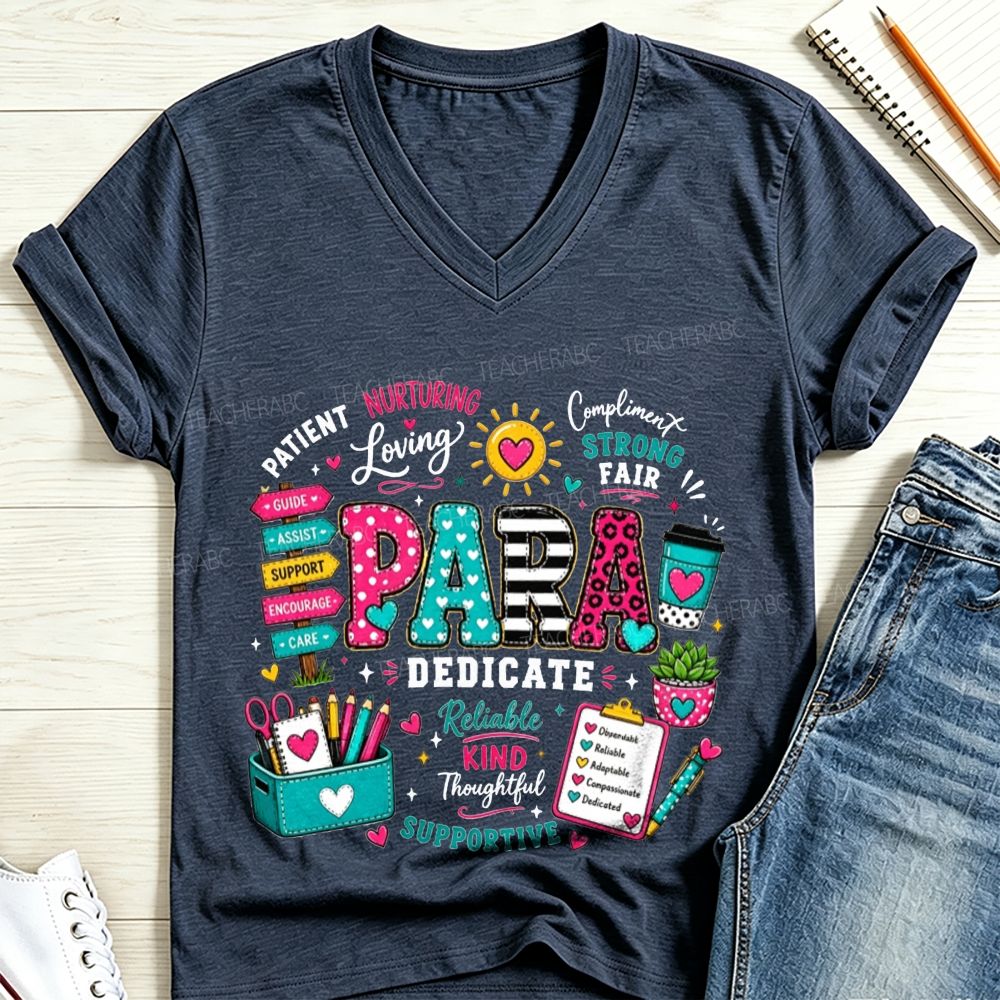 Colorful Pattern Para Paraprofessional Positive Traits School Supplies V Neck T-shirt