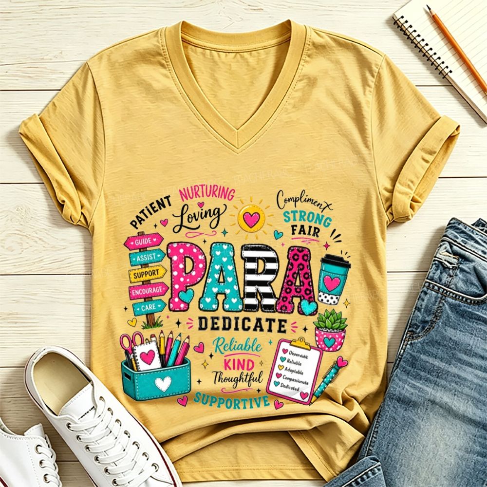 Colorful Pattern Para Paraprofessional Positive Traits School Supplies V Neck T-shirt