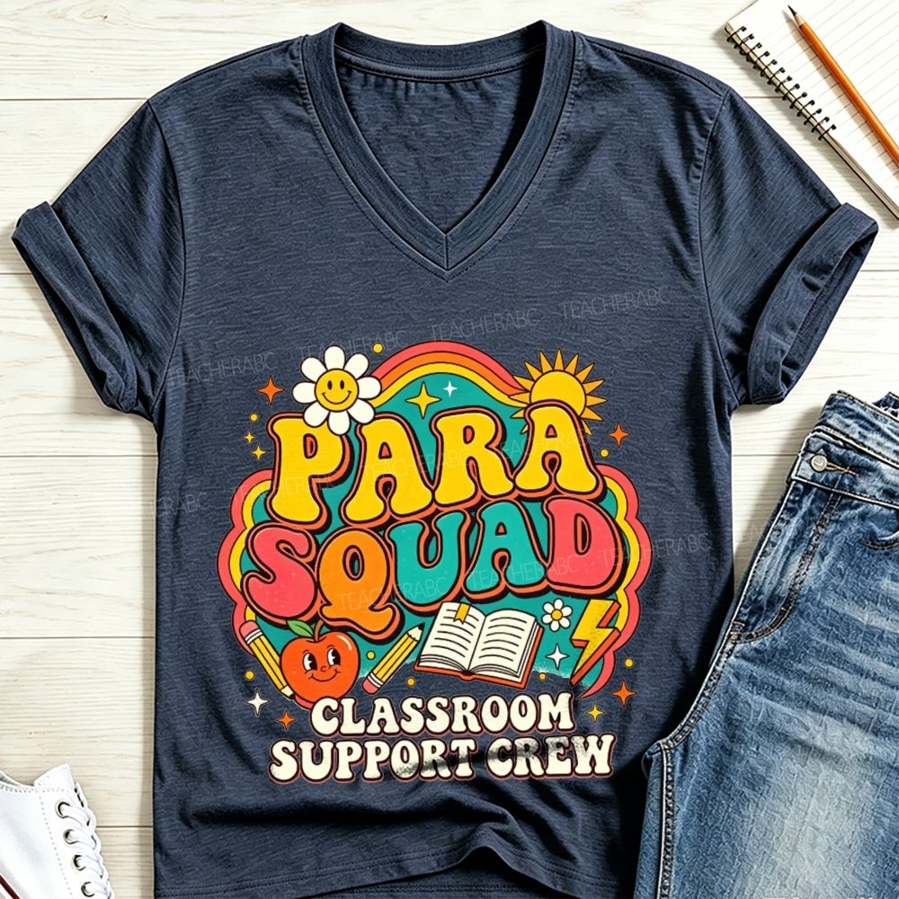 Para Squad Classroom Support Crew Rainbow Apple Book V Neck T-shirt