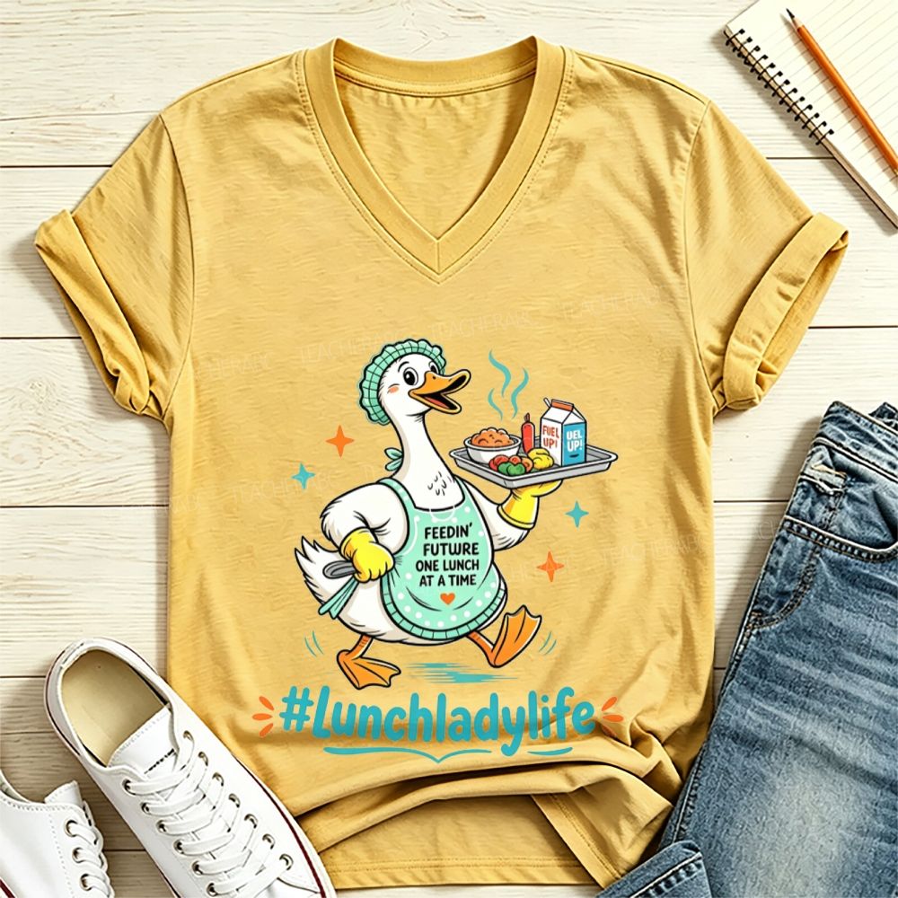 Lunch Lady Life Cartoon Duck Feeding Future School Cafeteria V Neck T-shirt