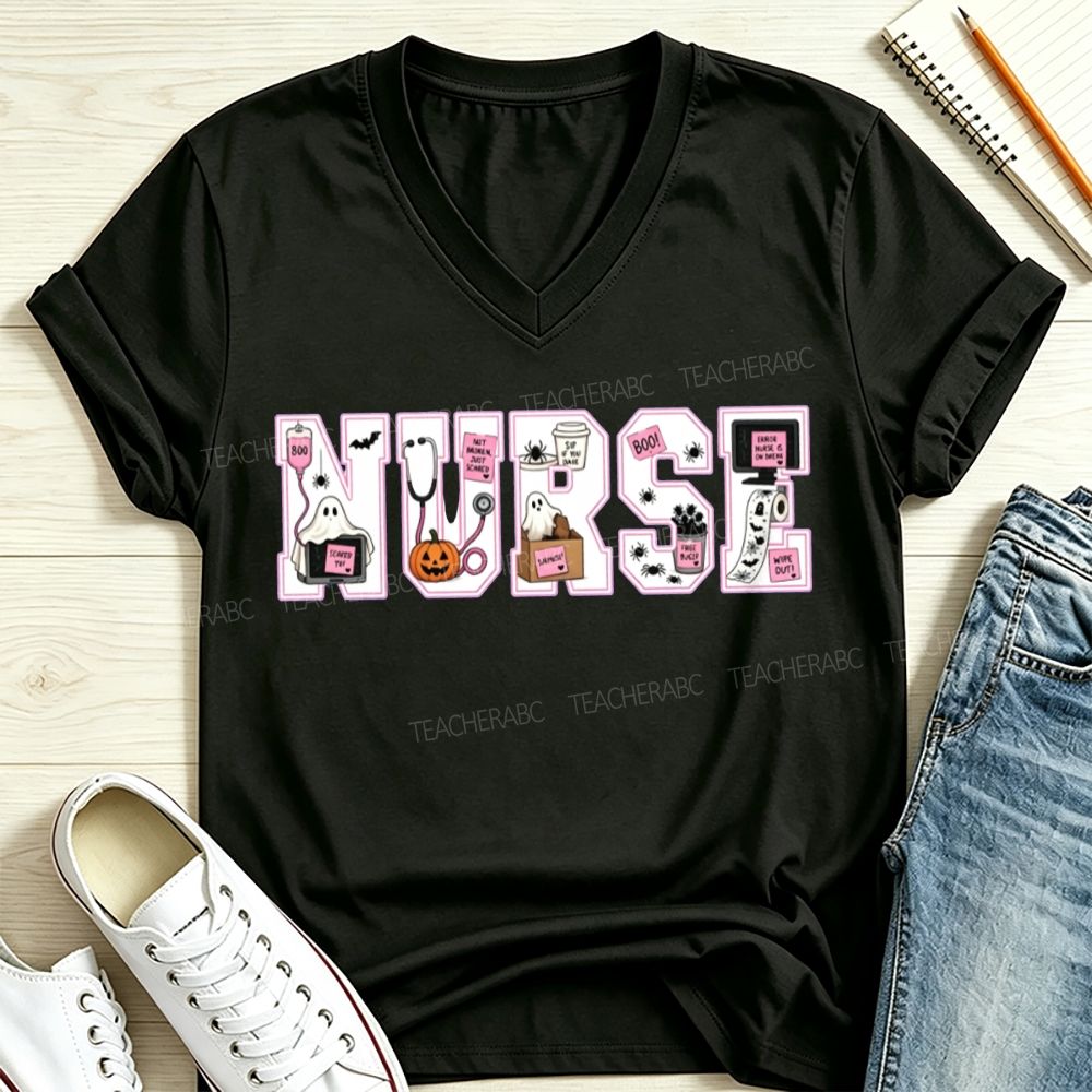Halloween Nurse Pink Outline Nurse Letter Ghost Pumpkin V Neck T-shirt