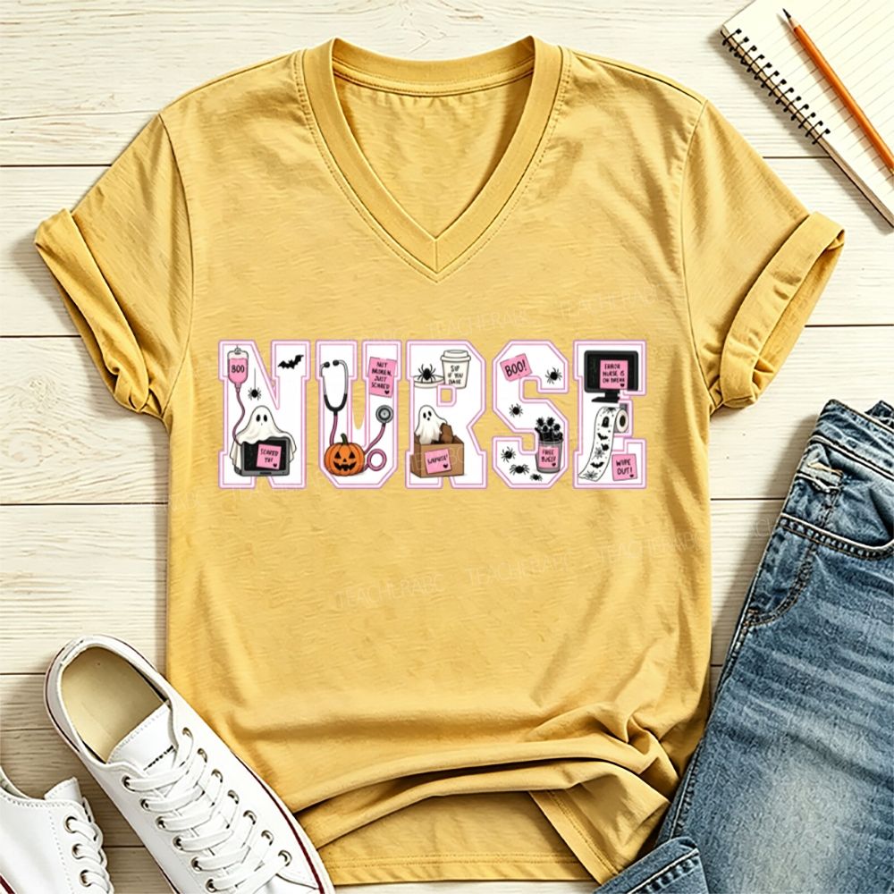 Halloween Nurse Pink Outline Nurse Letter Ghost Pumpkin V Neck T-shirt