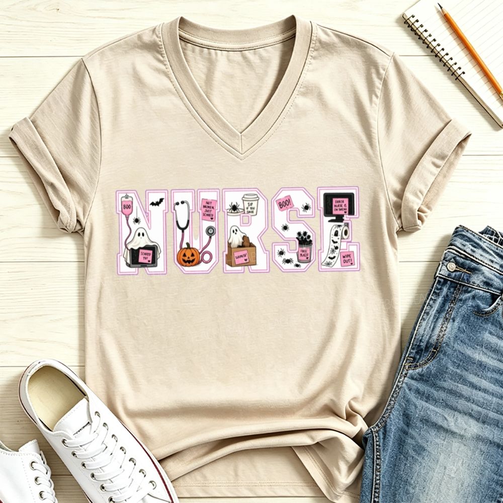 Halloween Nurse Pink Outline Nurse Letter Ghost Pumpkin V Neck T-shirt