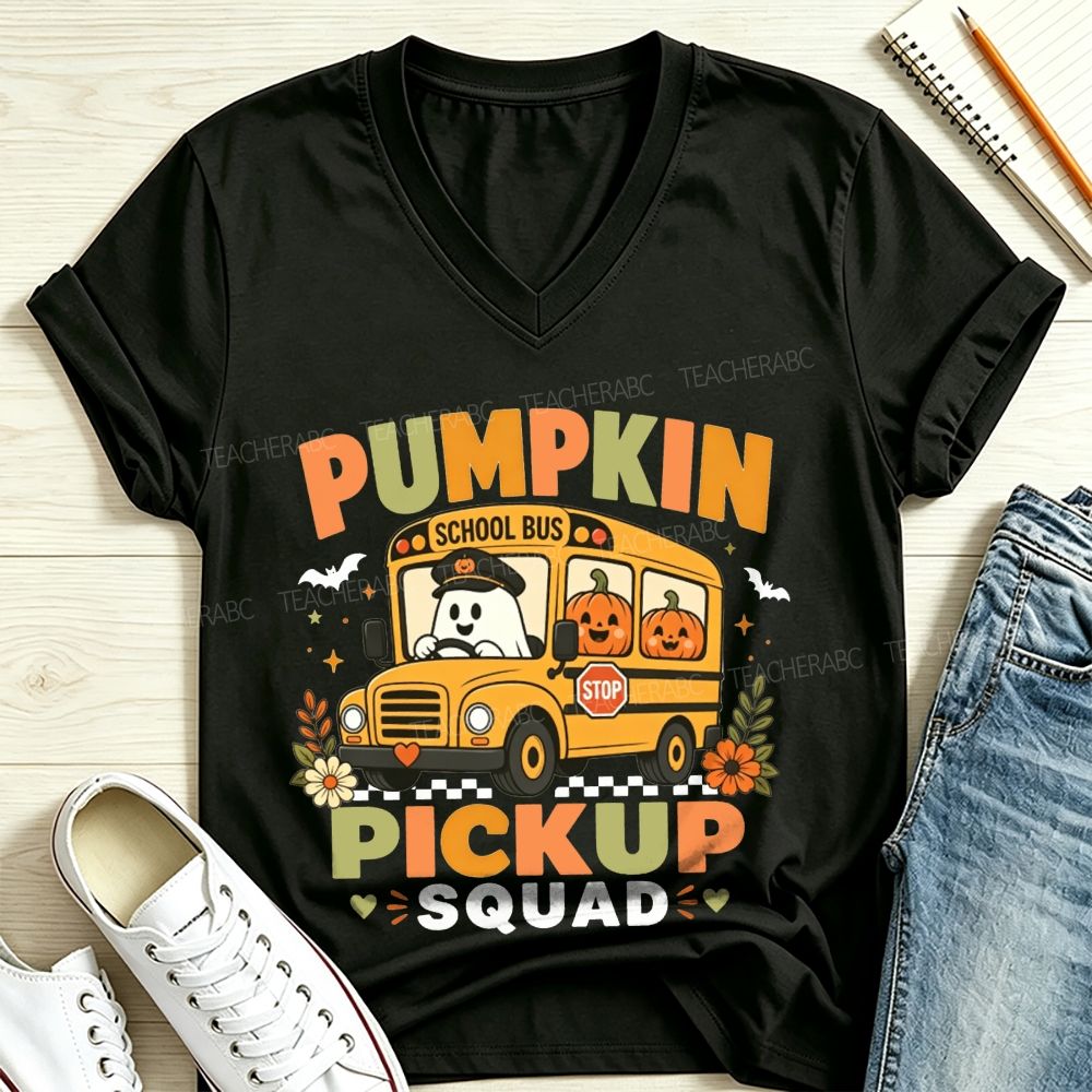Pumpkin Pickup Squad Halloween Ghost School Bus Driver V Neck T-shirt