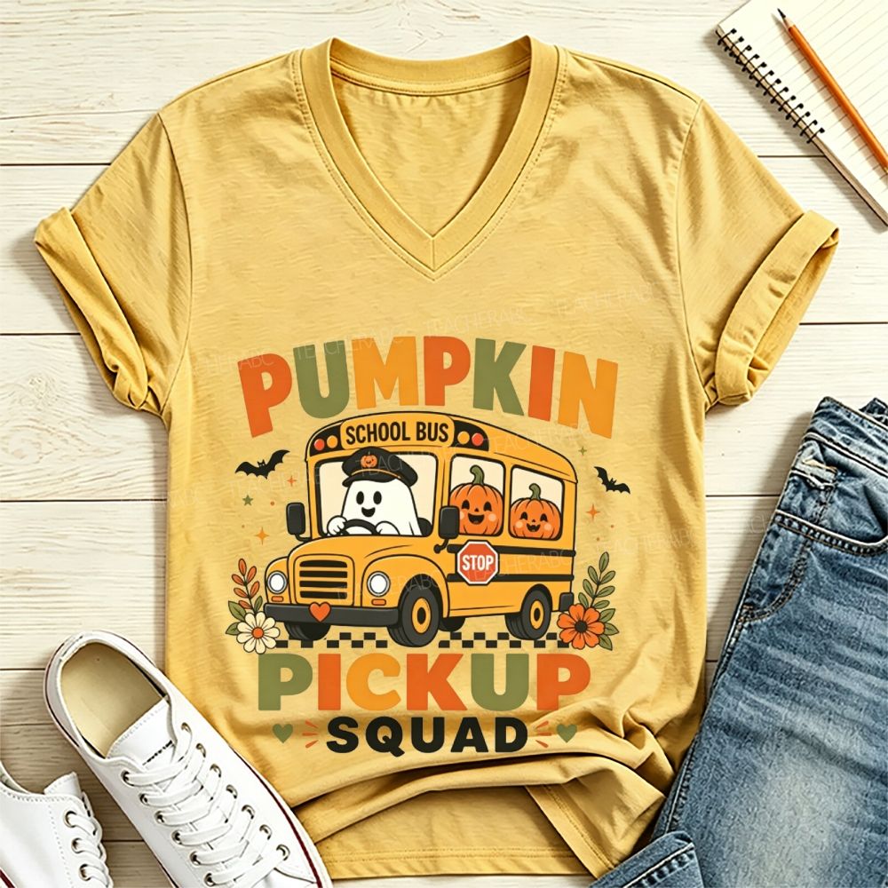 Pumpkin Pickup Squad Halloween Ghost School Bus Driver V Neck T-shirt