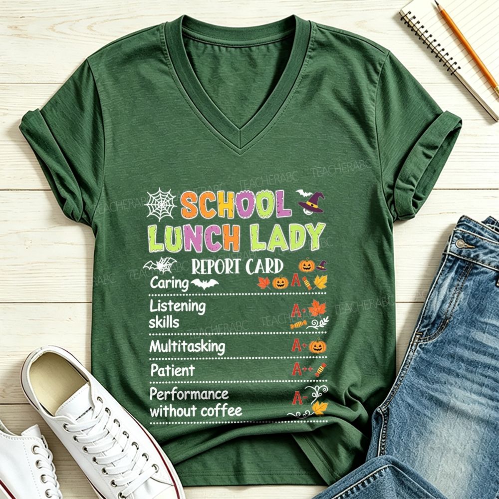 School Lunch Lady Report Card Halloween Grades V Neck T-shirt