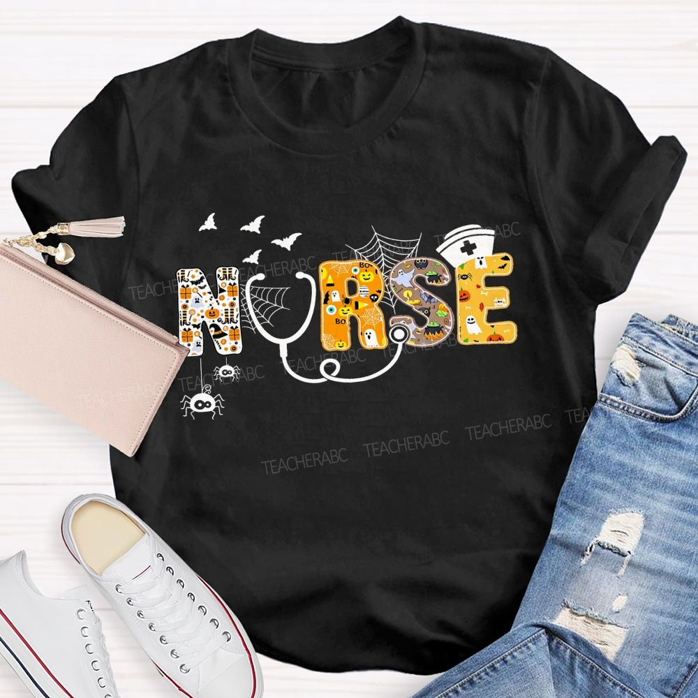 Halloween Nurse Spooky Letters Ghost Pumpkin T-shirt