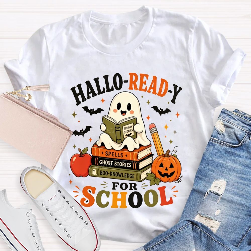 Hallo-Ready For School Ghost Reading Book Stack Pumpkin Halloween Teacher T-shirt