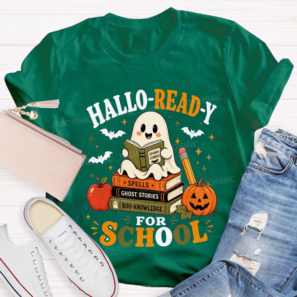 Hallo-Ready For School Ghost Reading Book Stack Pumpkin Halloween Teacher T-shirt